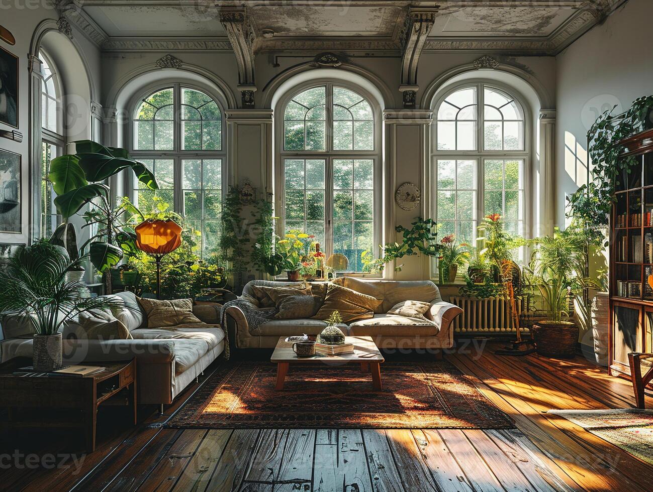 AI generated Interior home decoration living room with a comfortable sofa, table, and a large French window. photo