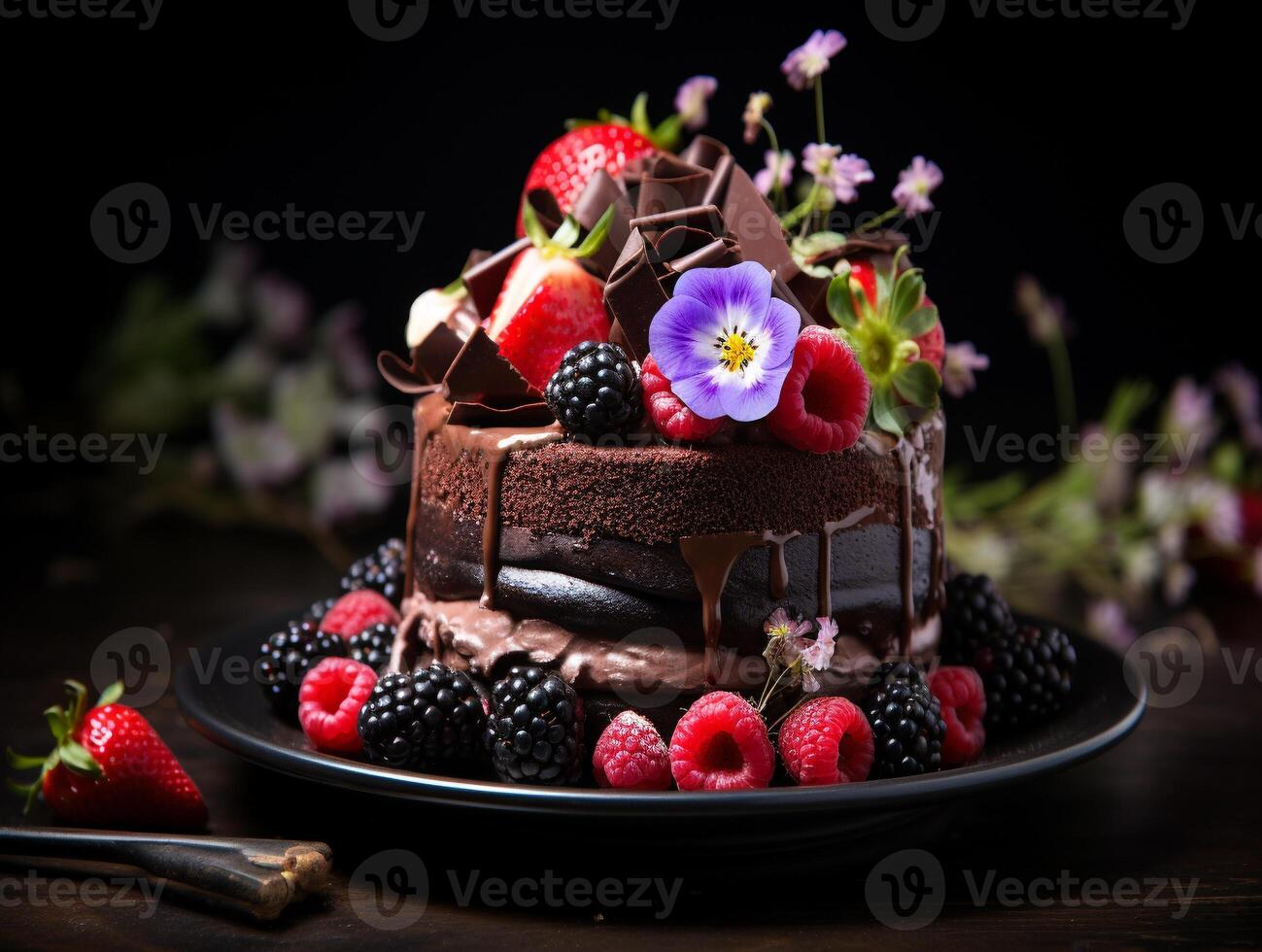 AI generated Cake chocolate strawberry, berries and fresh fruit on table. photo