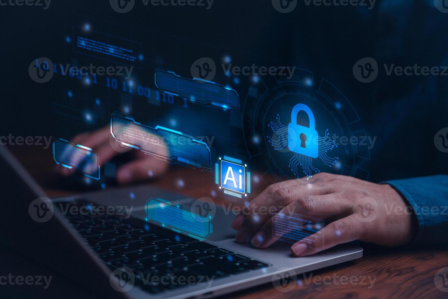 Cybersecurity, digital technology and artificial intelligence AI are concepts associated with data privacy, crime, and internet threats. photo