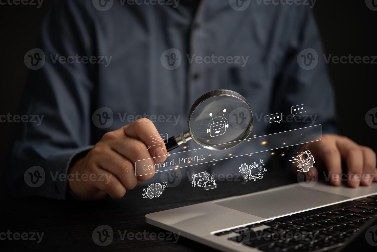 AI artificial intelligence conversation chats data robot. Businessman using a computer to search for prompts with generate software in modern technology digital auto machine transformation innovation. photo