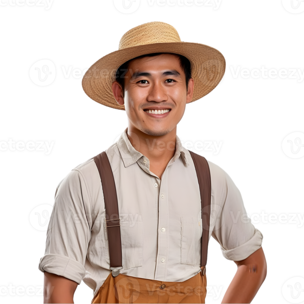 AI generated Cheerful mature Asian farmer man posing and smiling at camera, worker in an hat png format on transparent background