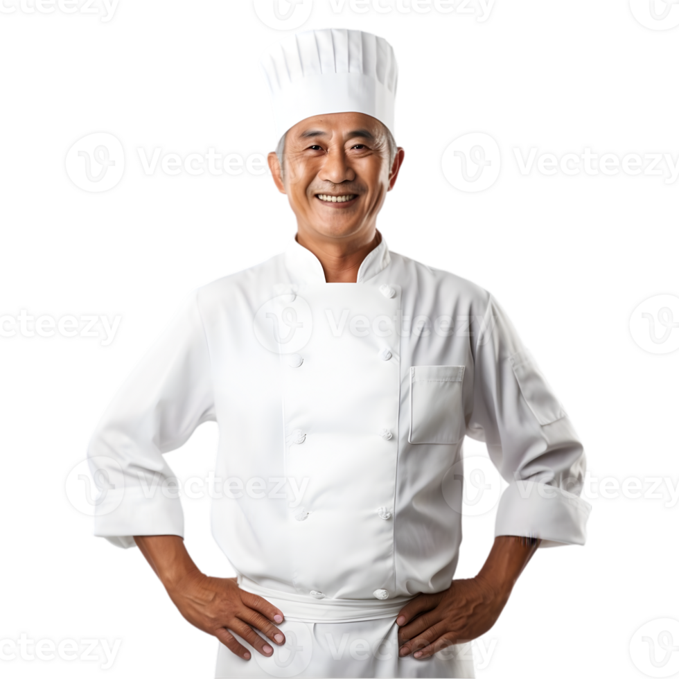 ai généré de bonne humeur mature asiatique cuisinier homme posant et souriant à caméra, chef dans un tablier png format sur transparent Contexte fictif personne, ai génératif