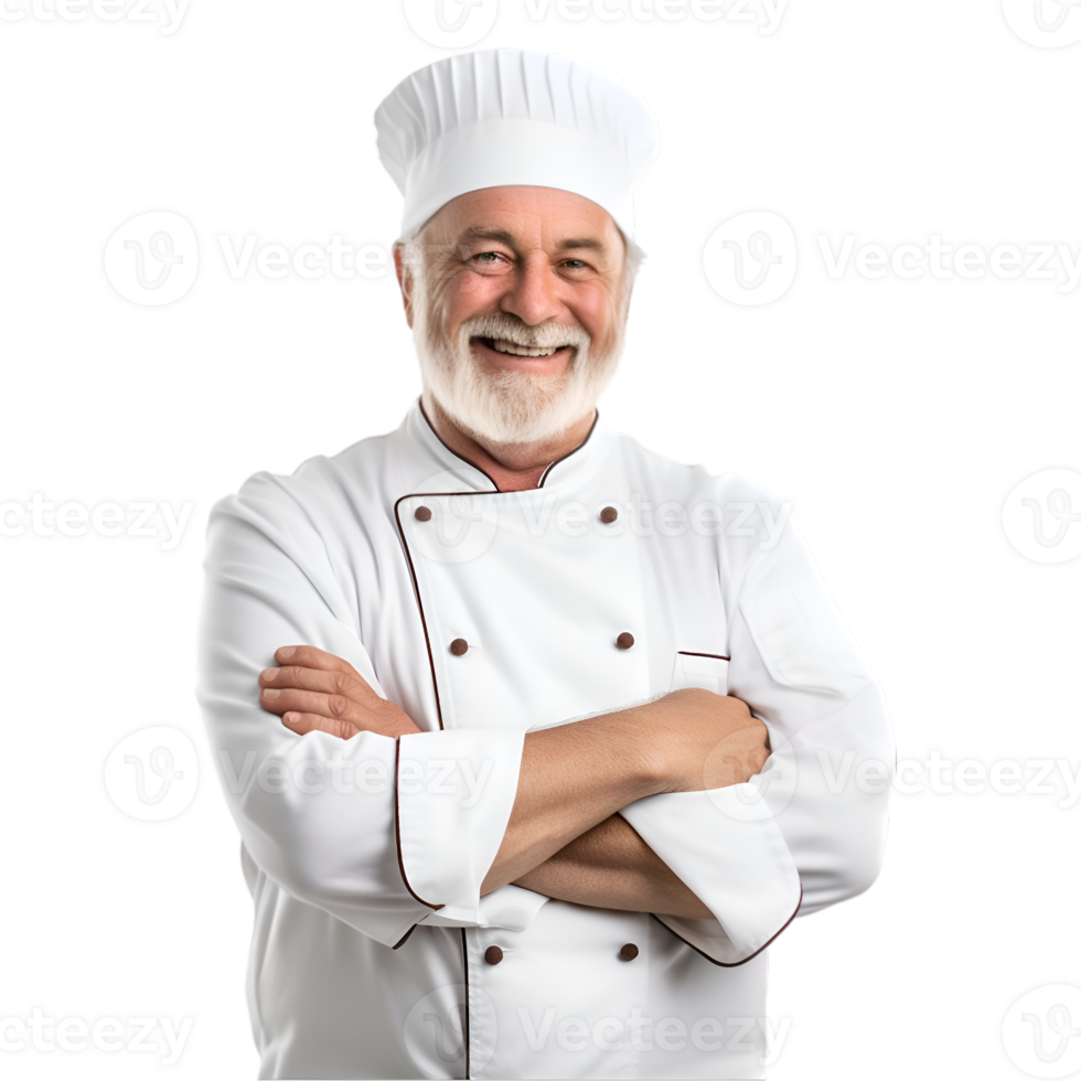 AI generated Cheerful mature cook posing and smiling at camera, chef in an apron png format on transparent background