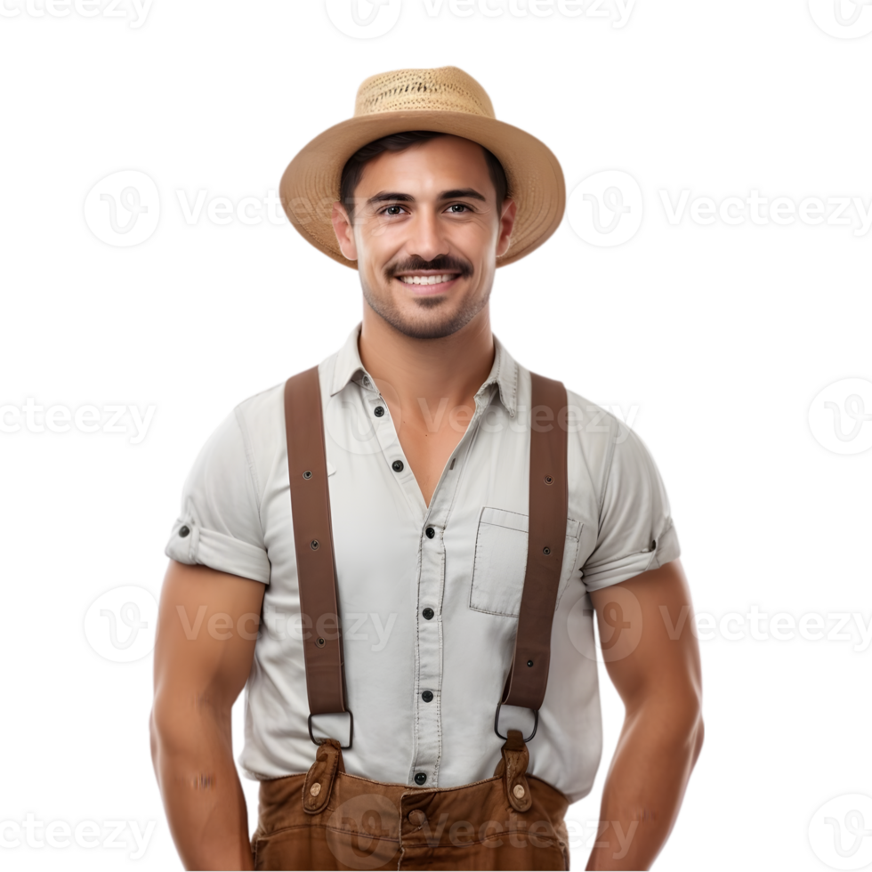 ai generato allegro maturo contadino uomo in posa e sorridente a telecamera, lavoratore nel un cappello png formato su trasparente sfondo