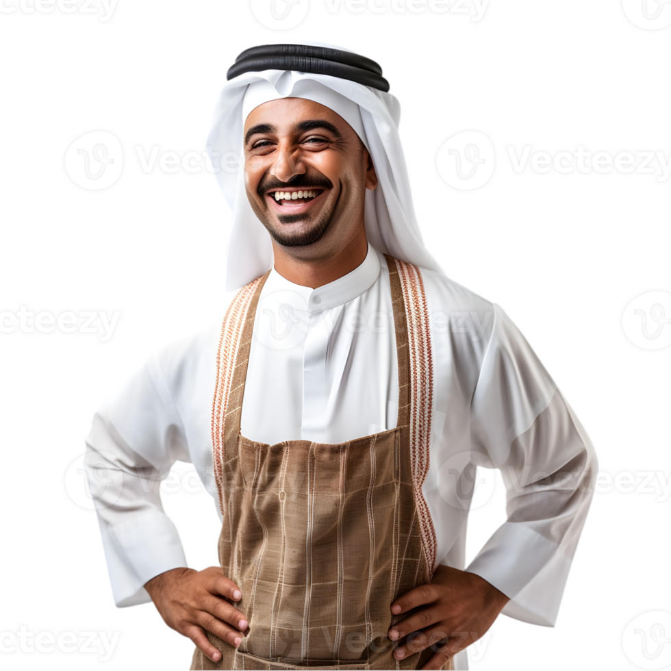 ai generado alegre maduro árabe cocinar posando y sonriente a cámara, cocinero en un delantal png formato en transparente antecedentes