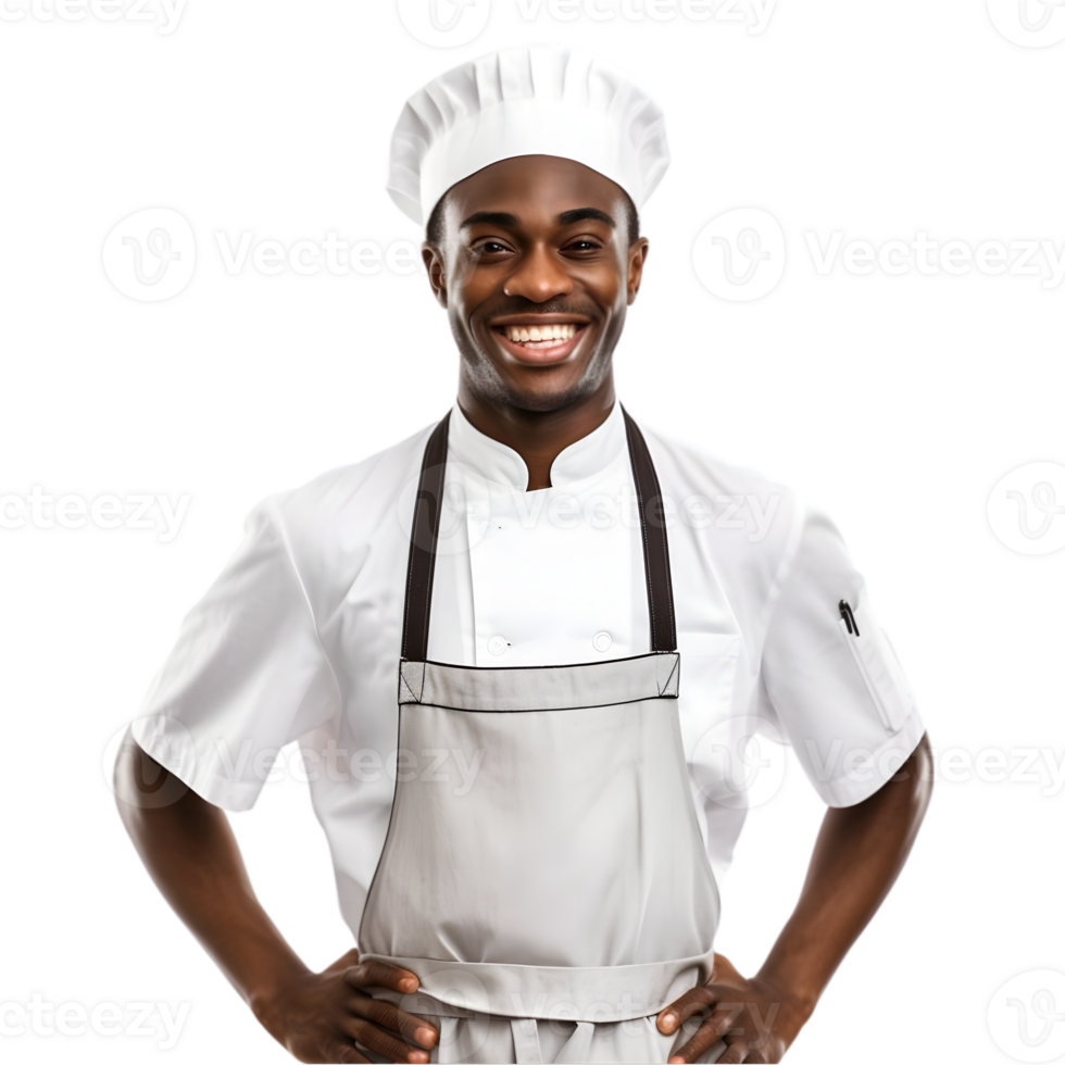 AI generated Cheerful mature Afro American cook man posing and smiling at camera, chef in an apron png format on transparent background Fictional Person, Ai Generative