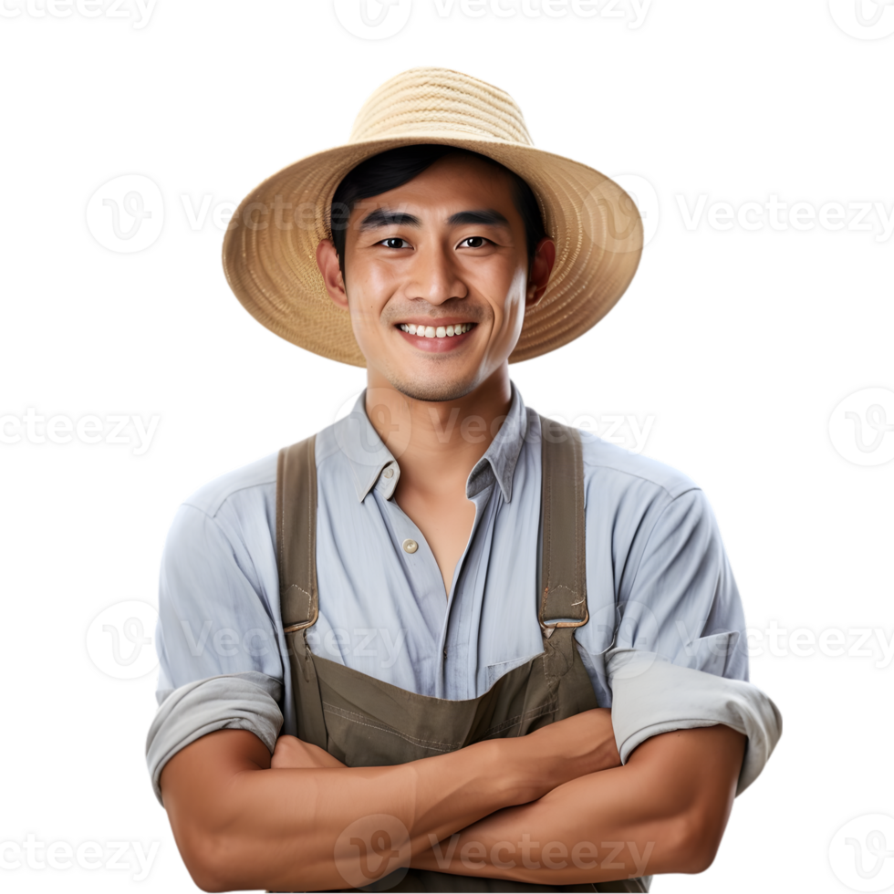 AI generated Cheerful mature Asian farmer man posing and smiling at camera, worker in an hat png format on transparent background
