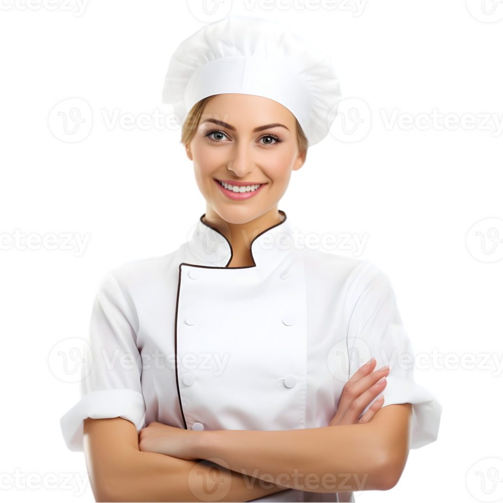 AI generated Cheerful mature cook woman posing and smiling at camera, chef in an apron png format on transparent background Fictional Person, Ai Generative