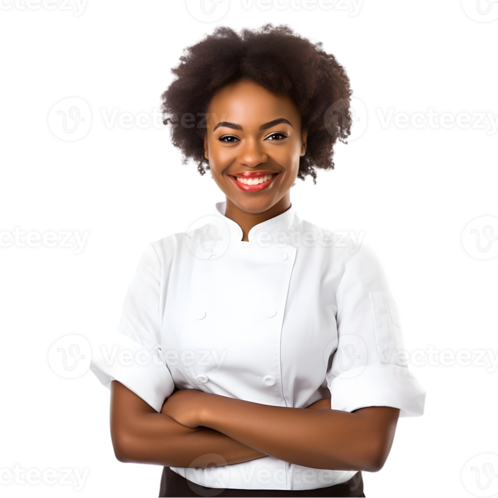 ai généré de bonne humeur mature afro américain cuisinier femme posant et souriant à caméra, chef dans un tablier png format sur transparent Contexte fictif personne, ai génératif