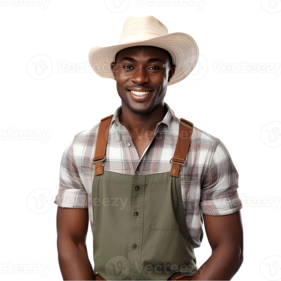 AI generated Cheerful mature Afro American farmer man posing and smiling at camera, worker in an hat png format on transparent background