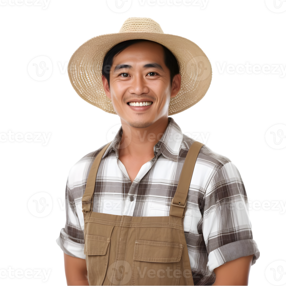 AI generated Cheerful mature Asian farmer man posing and smiling at camera, worker in an hat png format on transparent background