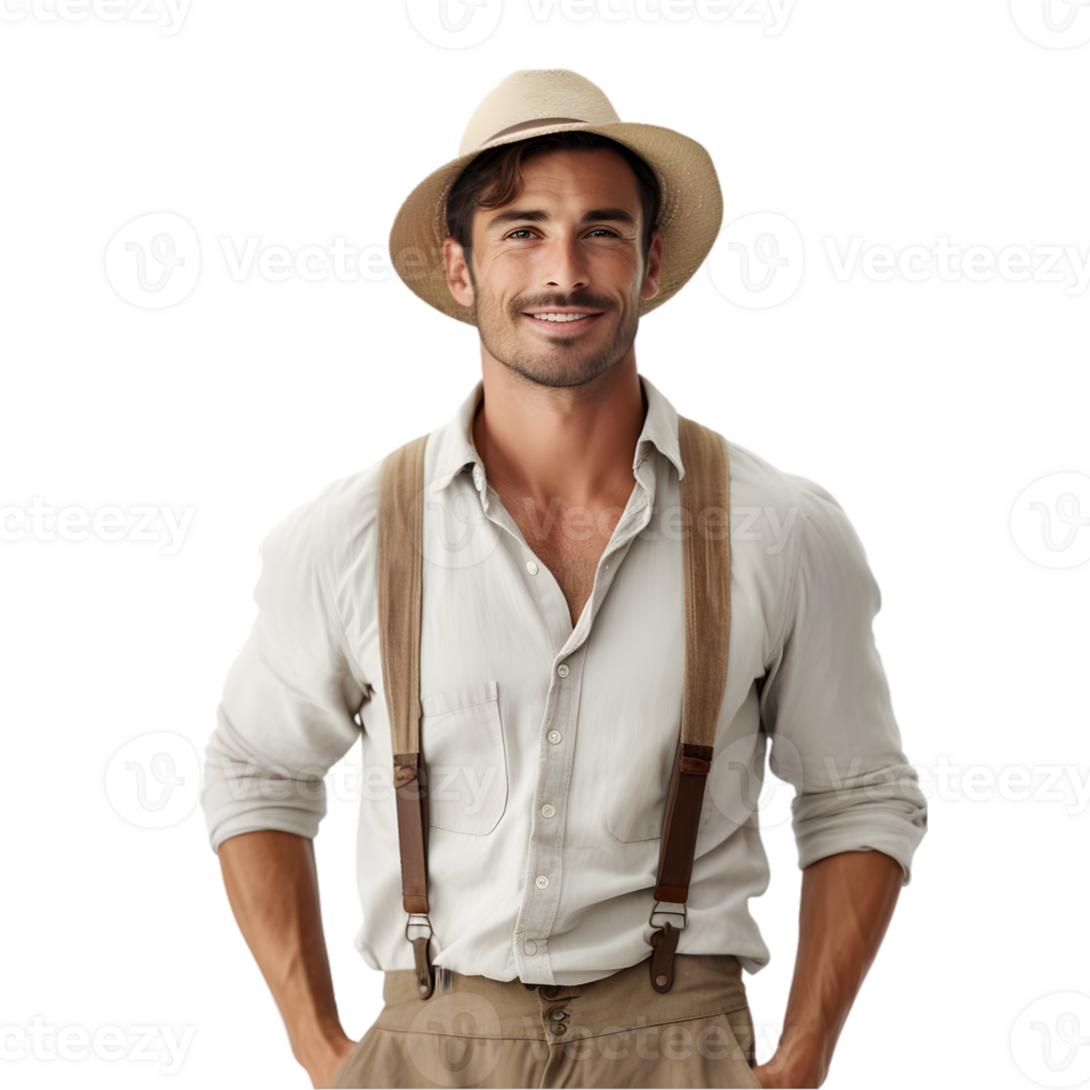 AI generated Cheerful mature Arabian farmer man posing and smiling at camera, worker in an hat png format on transparent background