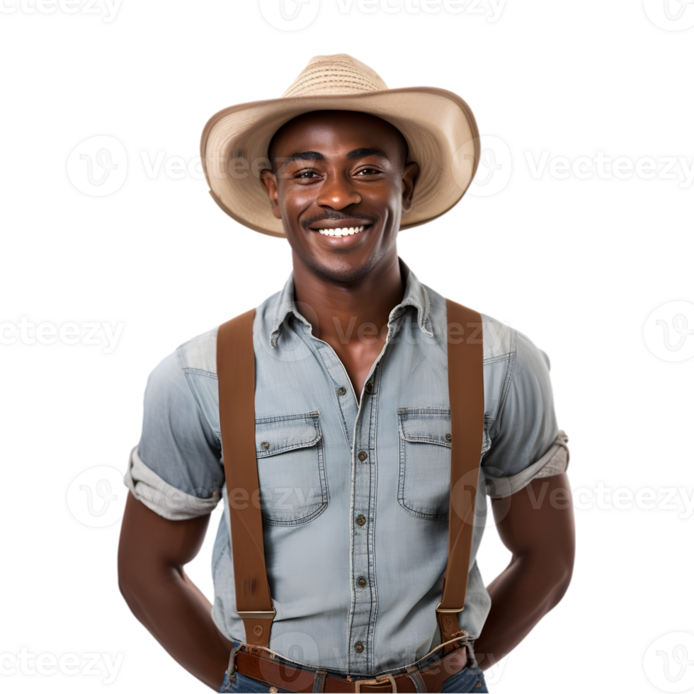 ai generiert heiter reifen afro amerikanisch Farmer Mann posieren und lächelnd beim Kamera, Arbeiter im ein Hut png Format auf transparent Hintergrund