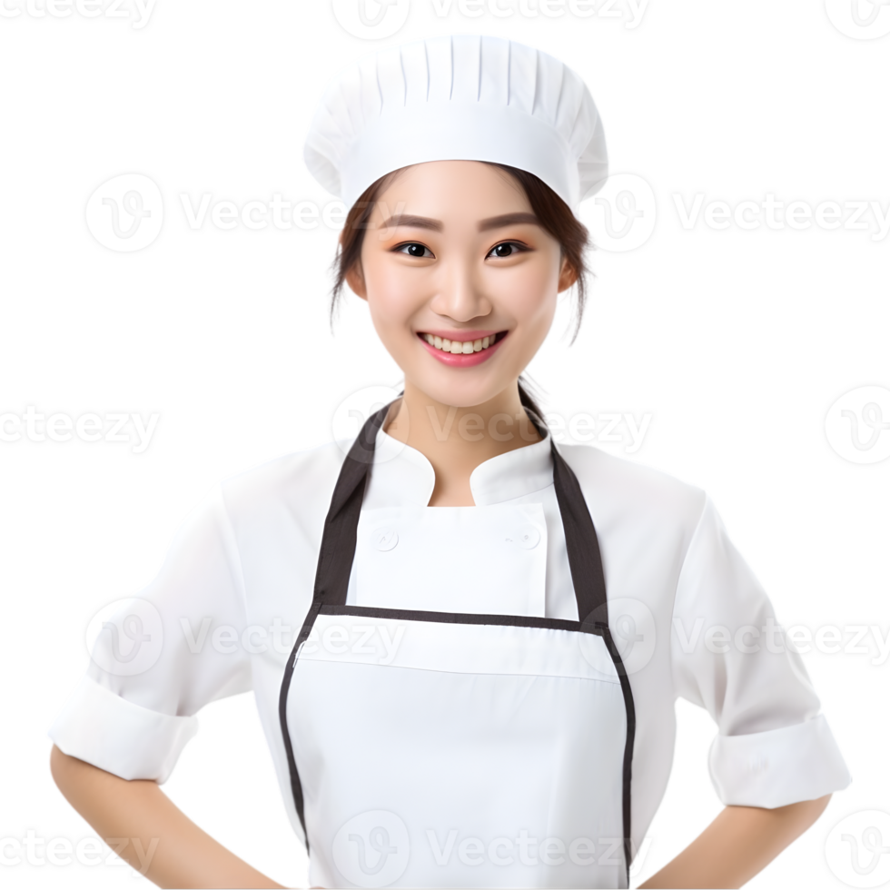 ai généré de bonne humeur mature asiatique cuisinier femme posant et souriant à caméra, chef dans un tablier png format sur transparent Contexte fictif personne, ai génératif