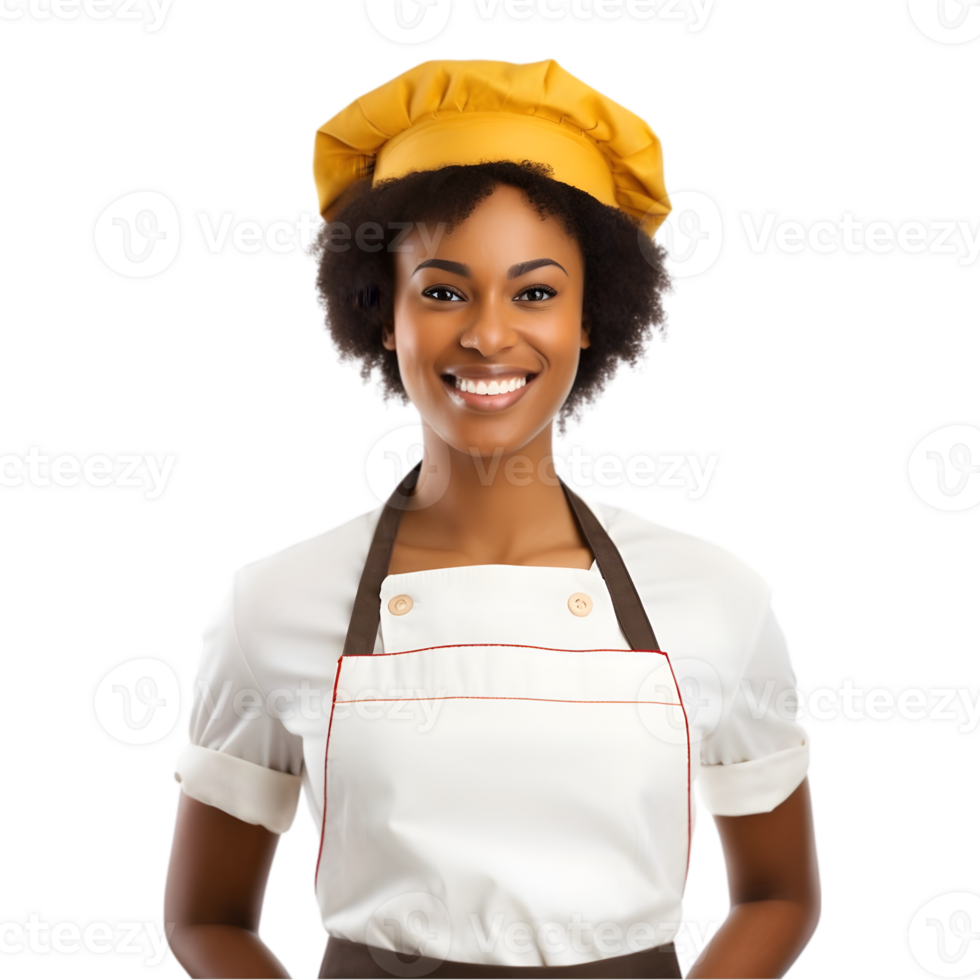 AI generated Cheerful mature Afro American cook woman posing and smiling at camera, chef in an apron png format on transparent background Fictional Person, Ai Generative