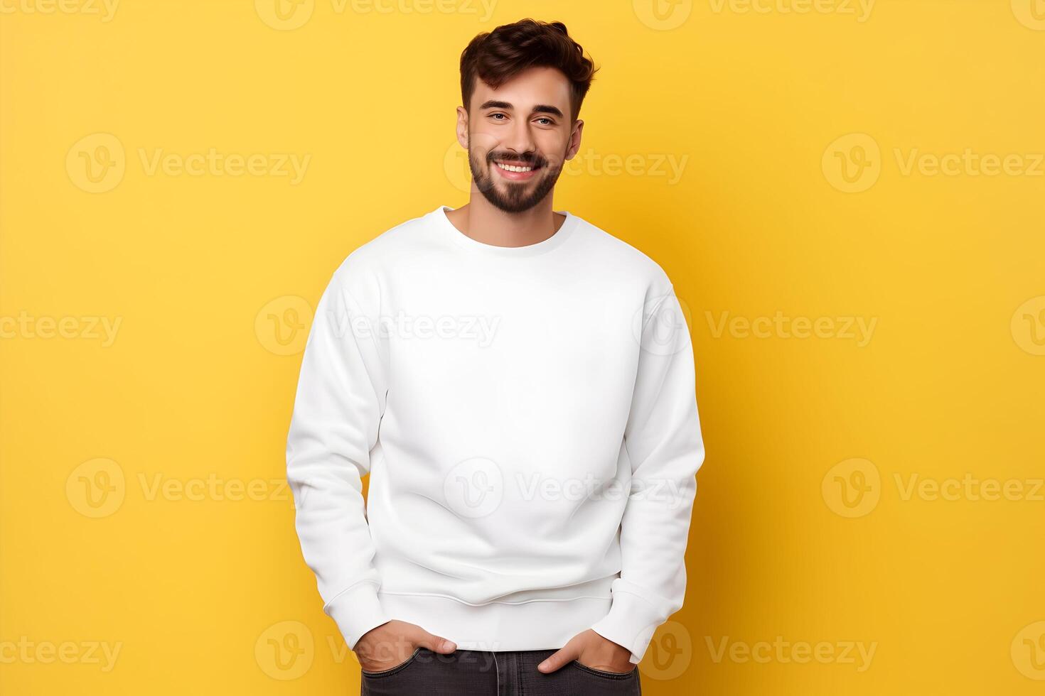 AI generated Young man wearing white sweatshirt mockup, at yellow background. Design pullover template, print presentation mock-up. AI generated. photo