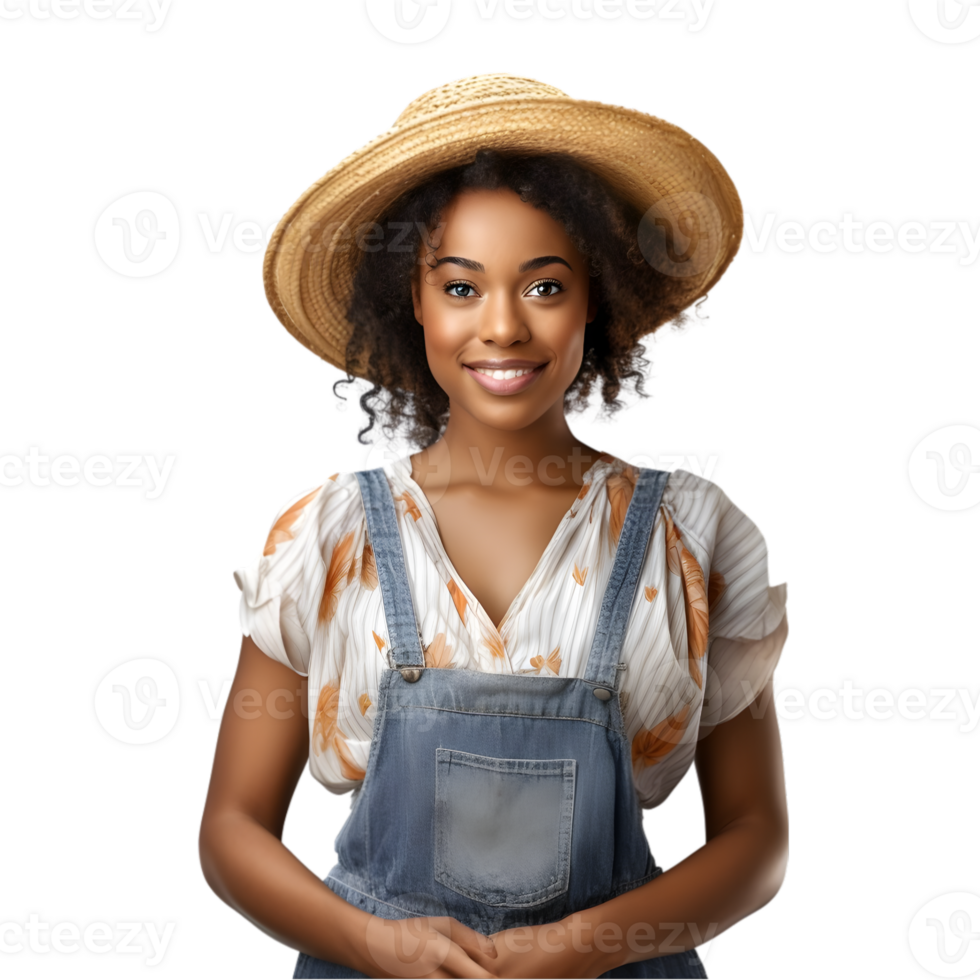 ai generiert heiter reifen afro amerikanisch Farmer Frau posieren und lächelnd beim Kamera, Arbeiter im ein Hut png Format auf transparent Hintergrund