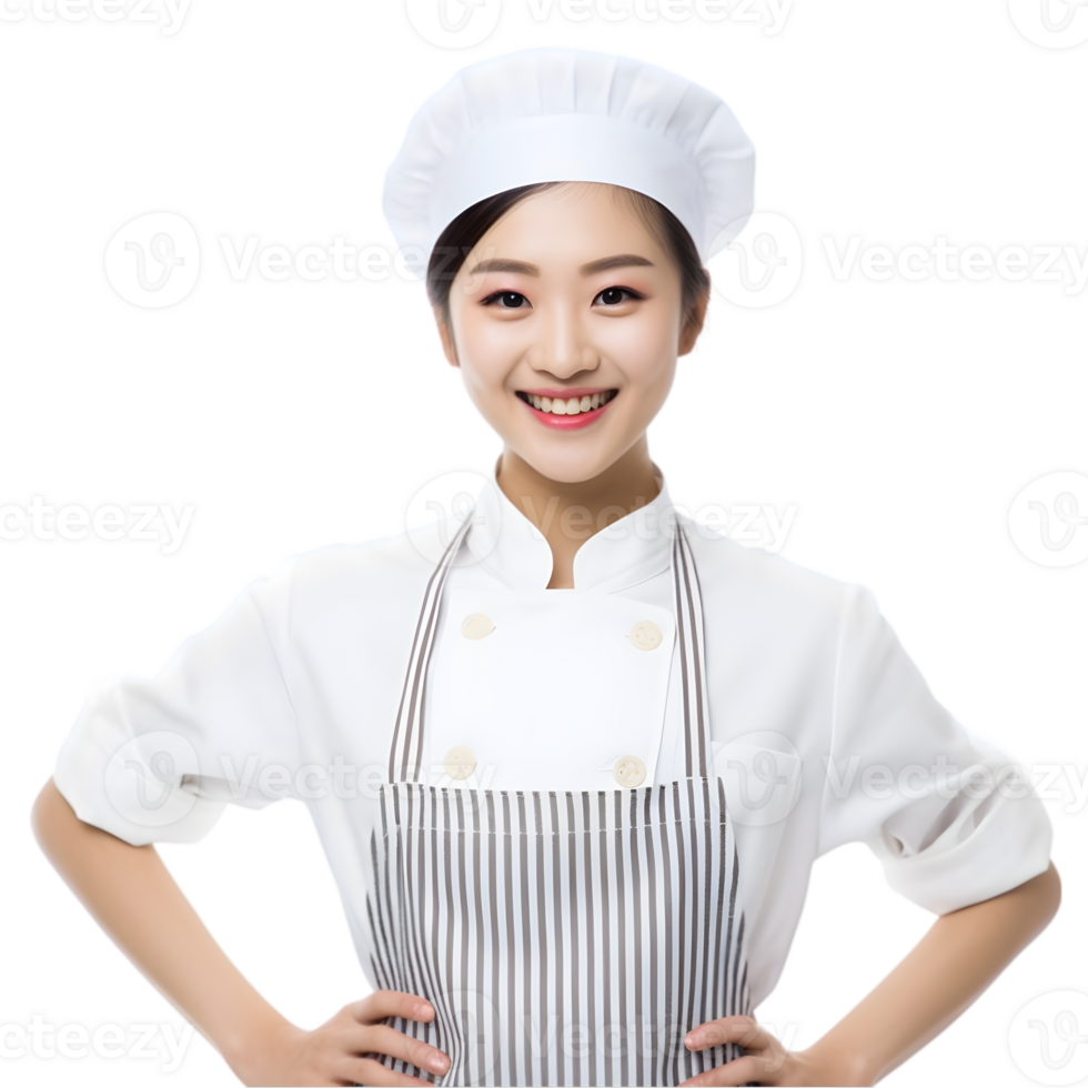 AI generated Cheerful mature Asian cook woman posing and smiling at camera, chef in an apron png format on transparent background Fictional Person, Ai Generative