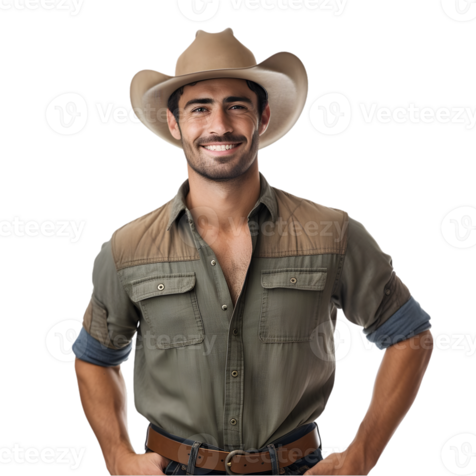 ai generiert heiter reifen Farmer Mann posieren und lächelnd beim Kamera, Arbeiter im ein Hut png Format auf transparent Hintergrund