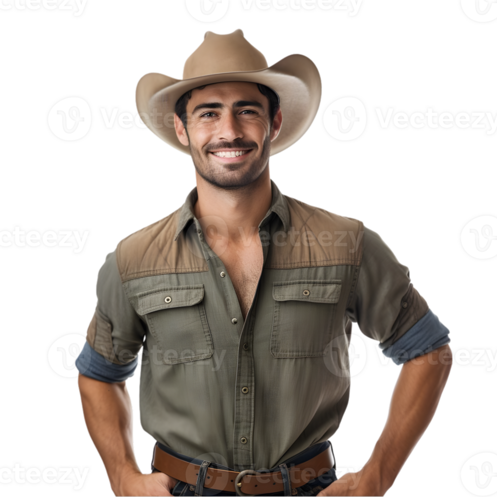 ai généré de bonne humeur mature agriculteur homme posant et souriant à caméra, ouvrier dans un chapeau png format sur transparent Contexte