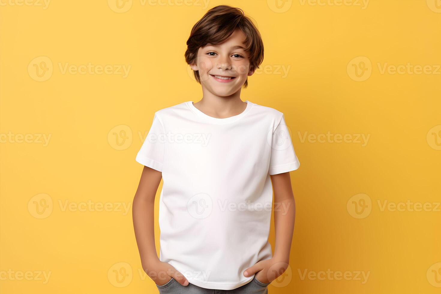AI generated Male child, boy wearing bella canvas white shirt mockup, at yellow background. Design tshirt template, print presentation mock-up. AI generated. photo
