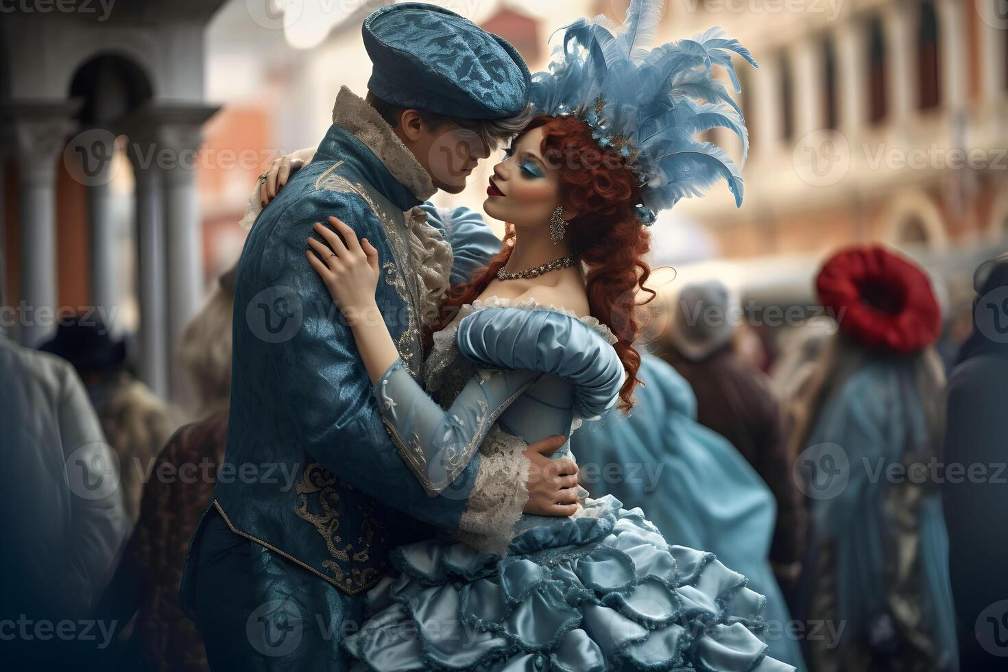 AI generated Beautiful closeup portrait of young couple in traditional venetian carnival mask and costume, dancing at the national Venice festival in Italy. photo