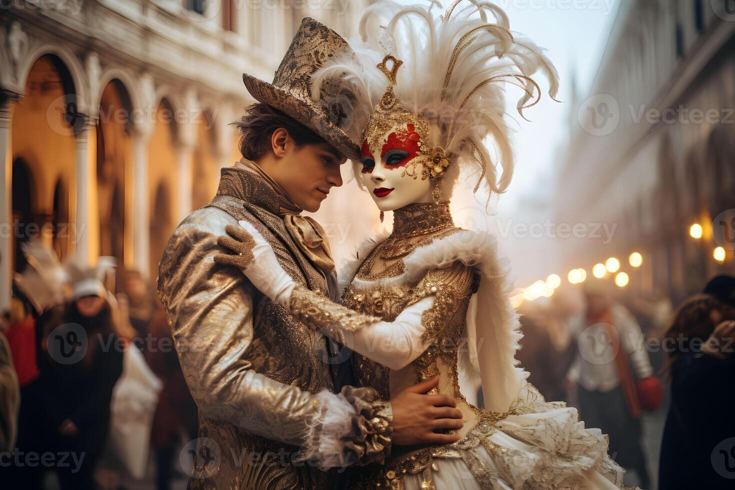 ai generado hermosa de cerca retrato de joven Pareja en tradicional veneciano carnaval máscara y traje, bailando a el nacional Venecia festival en Italia. foto