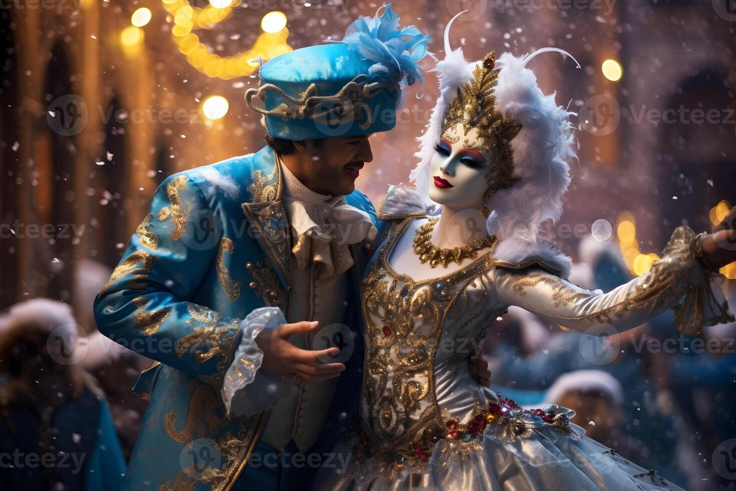 AI generated Beautiful closeup portrait of young couple in traditional venetian carnival mask and costume, dancing at the national Venice festival in Italy. photo