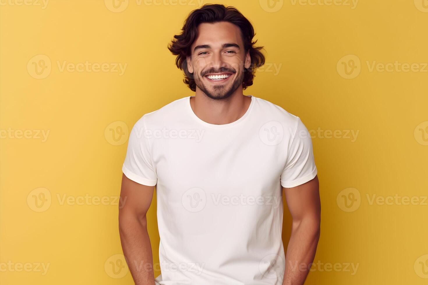 AI generated Young man wearing bella canvas white shirt mockup, at yellow background. Design tshirt template, print presentation mock-up. AI generated. photo