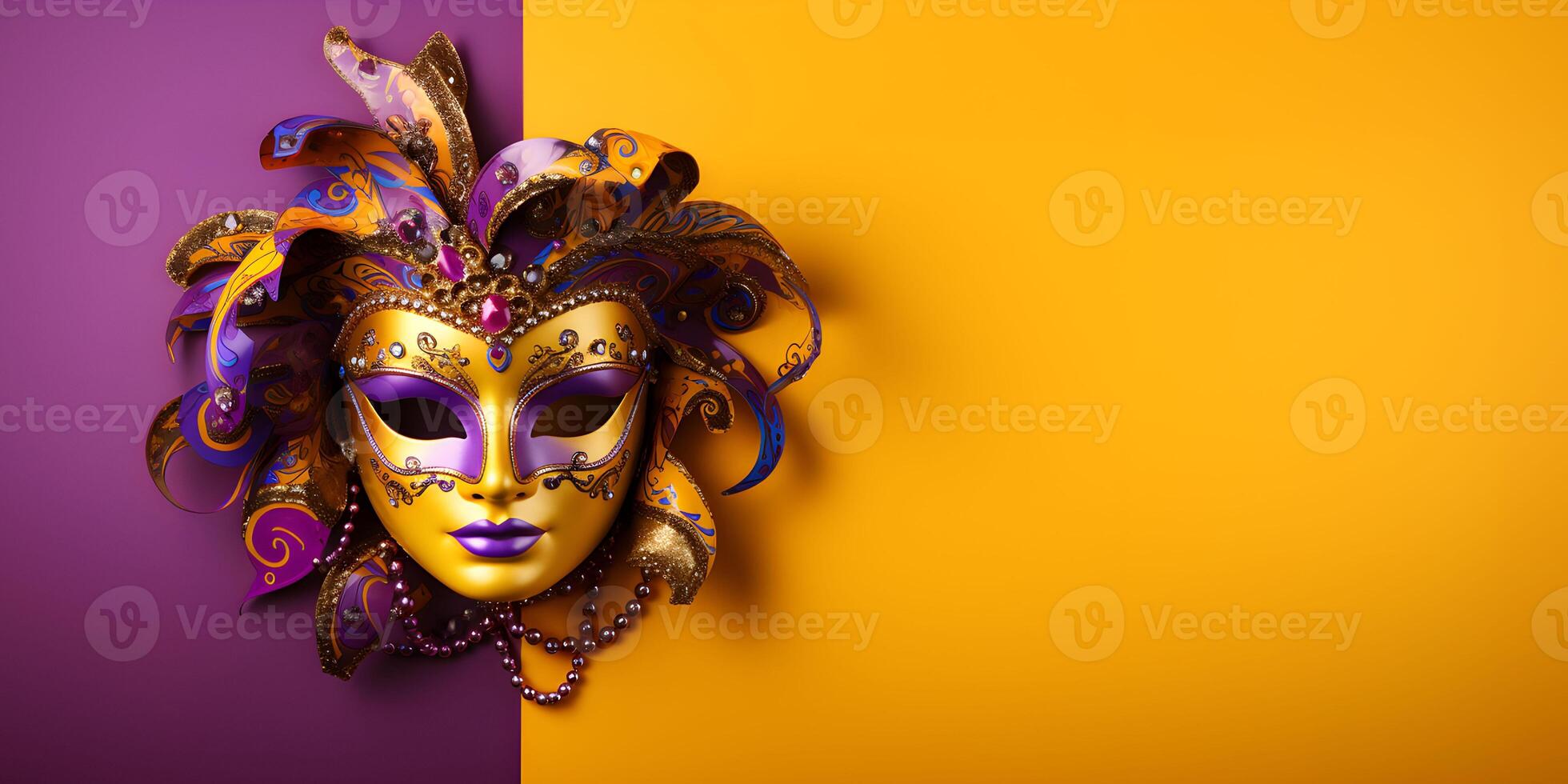 AI generated Colorful traditional venetian or mardi gras carnival mask with decoration for national festival celebration on purple - yellow background with copy space. photo