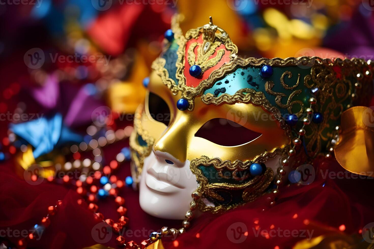 ai generado vistoso tradicional veneciano carnaval máscara con decoración para nacional Venecia festival en Italia. foto