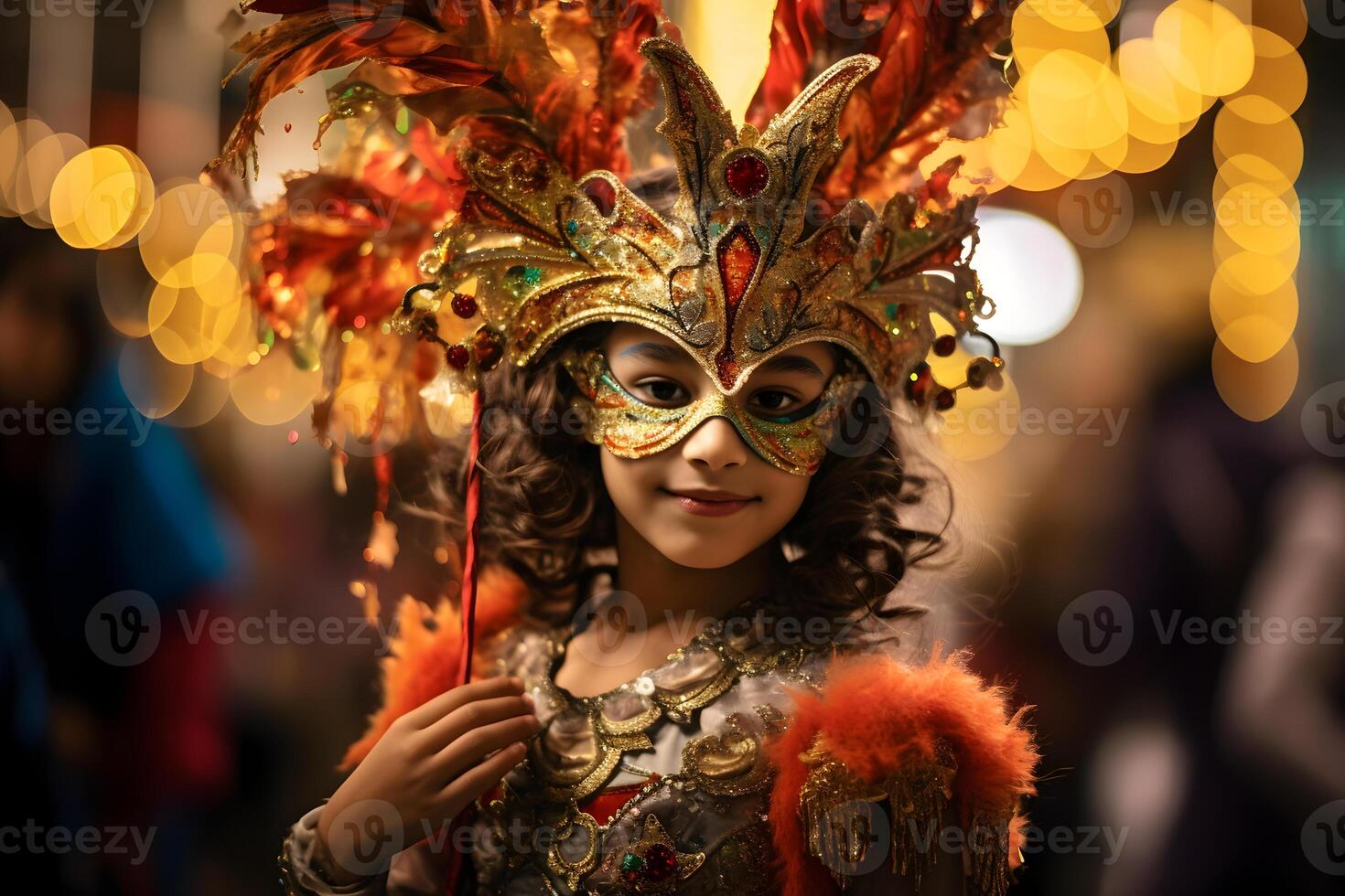 ai generado hermosa de cerca retrato de niña en tradicional veneciano carnaval máscara y traje, a el nacional Venecia festival en Italia. foto