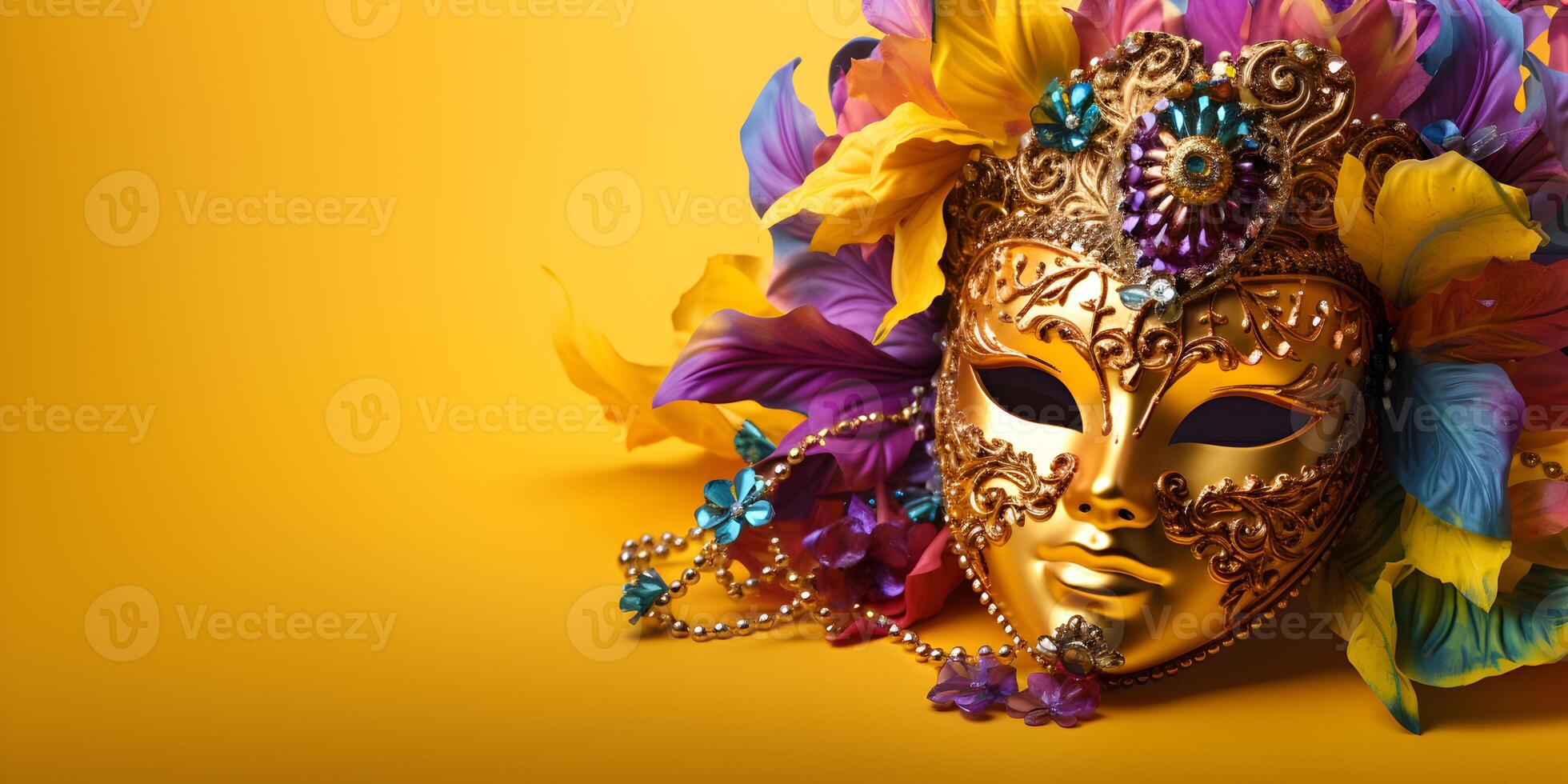 AI generated Colorful traditional venetian or mardi gras carnival mask with decoration for national festival celebration on yellow background. photo