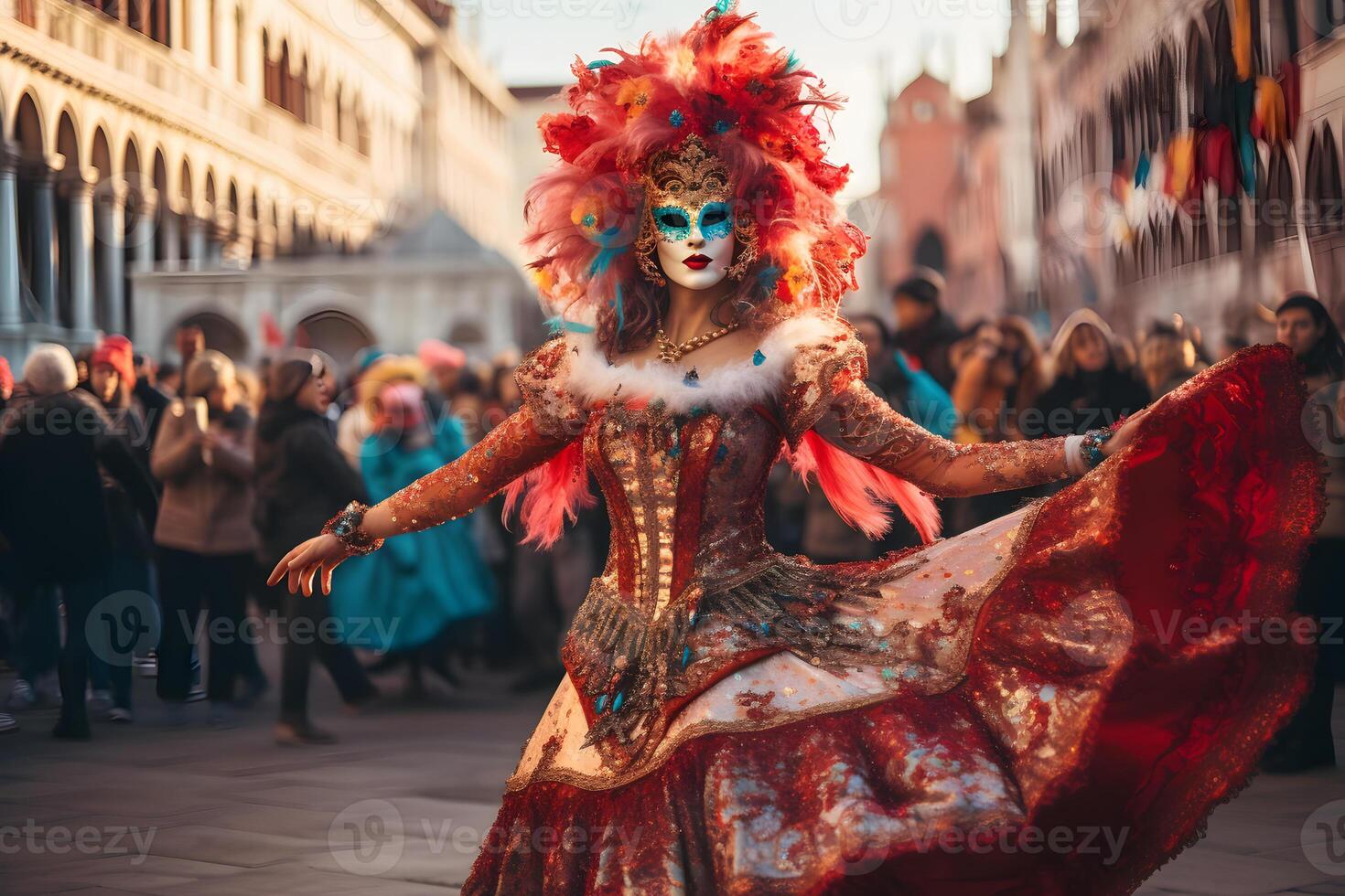 ai generado hermosa de cerca retrato de joven mujer en tradicional veneciano carnaval máscara y traje, bailando a el nacional Venecia festival en Italia. foto