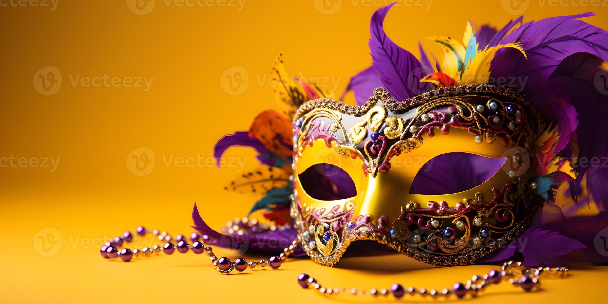 AI generated Colorful traditional venetian or mardi gras carnival mask with decoration for national festival celebration on yellow background. photo