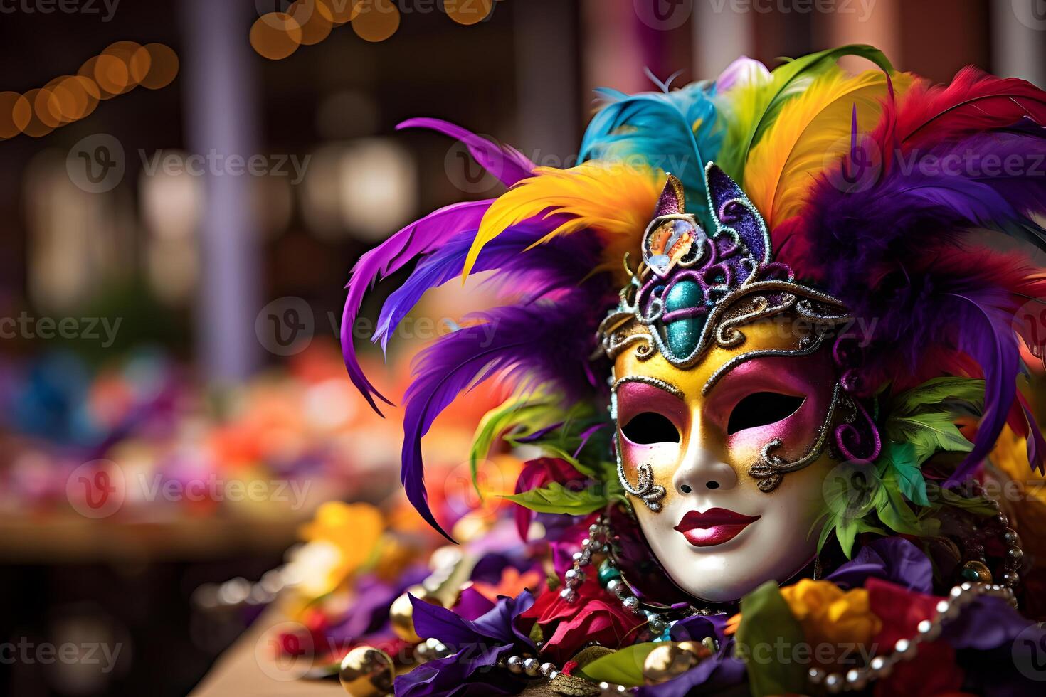 AI generated Colorful traditional venetian carnival mask with decoration for national Venice festival in Italy. photo