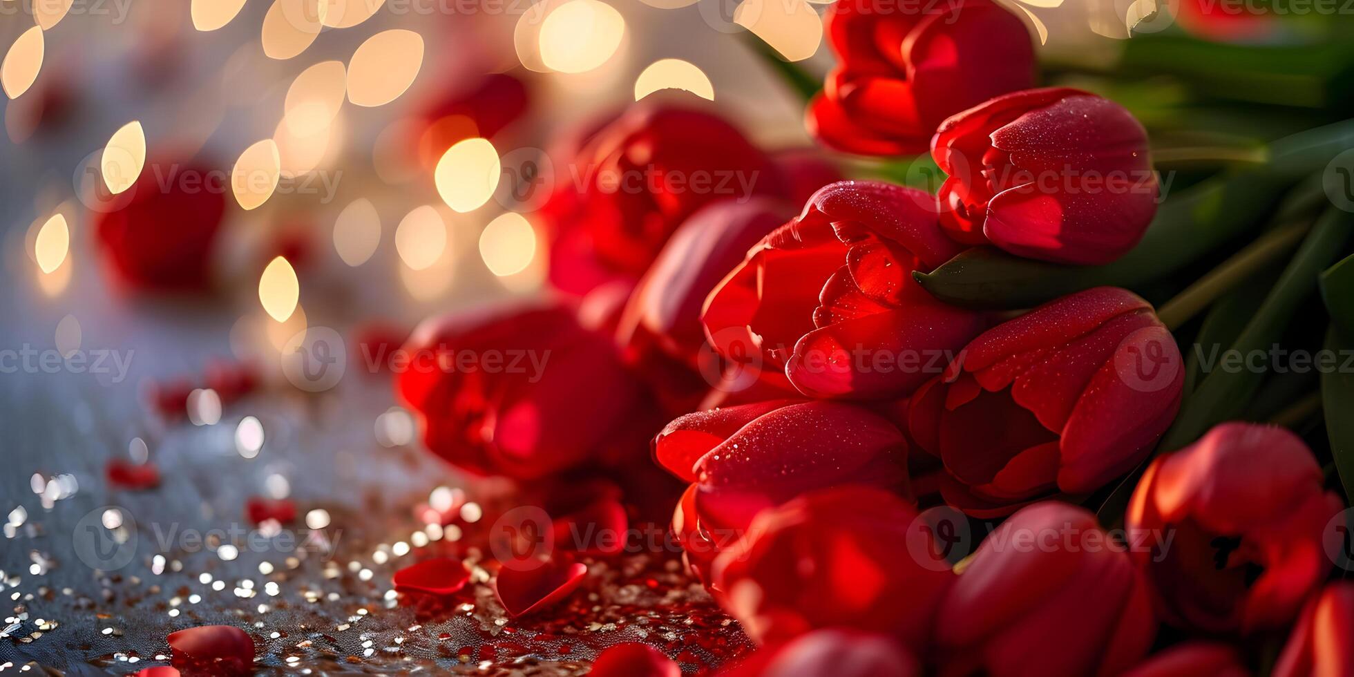 AI generated Close up of festive red tulips flowers on sparkling dark background. Valentines, mothers, womens day, wedding, birthday or spring seasonal holiday symbol banner concept with copy space. photo