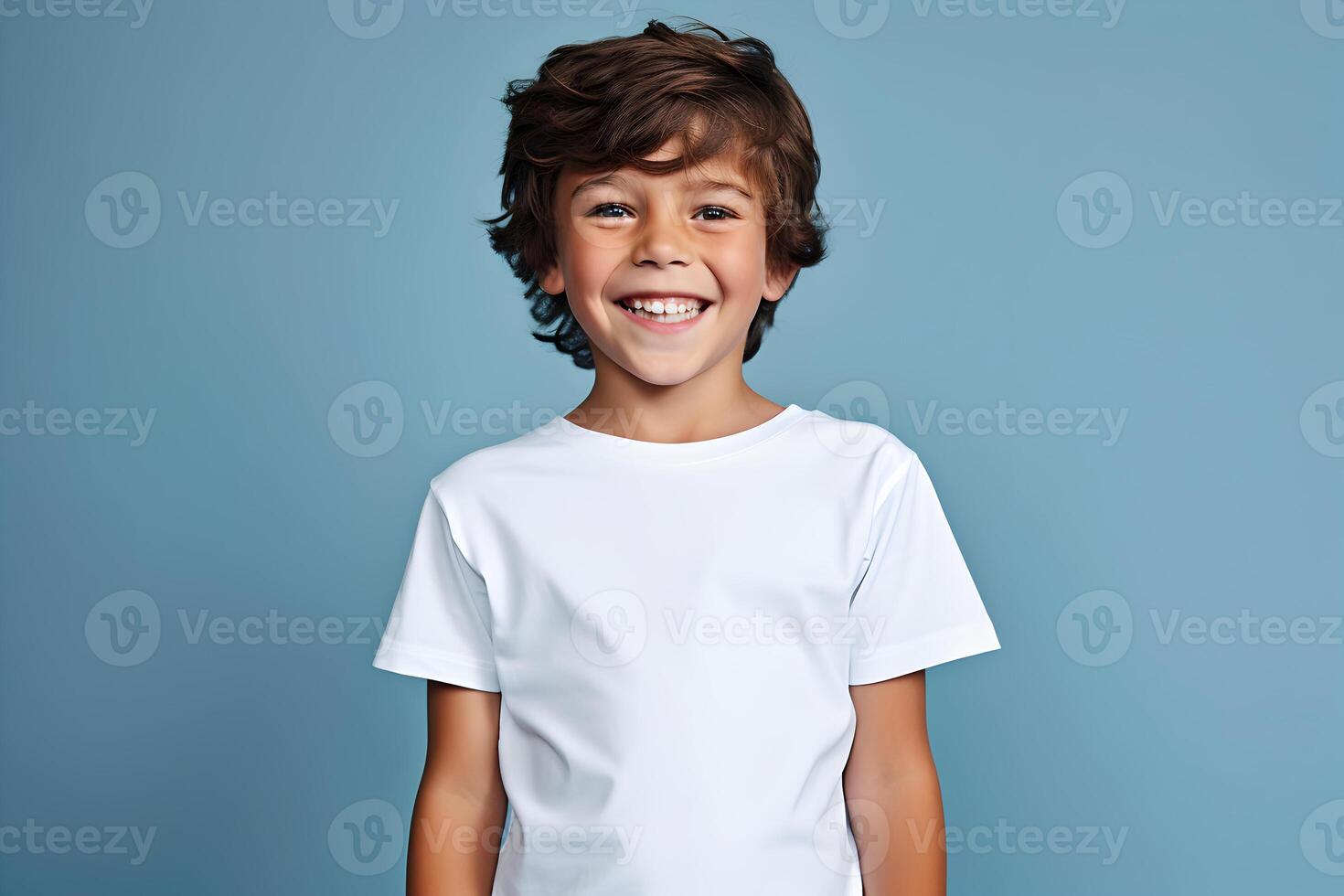 AI generated Male child, boy wearing bella canvas white shirt mockup, at blue background. Design tshirt template, print presentation mock-up. AI generated. photo
