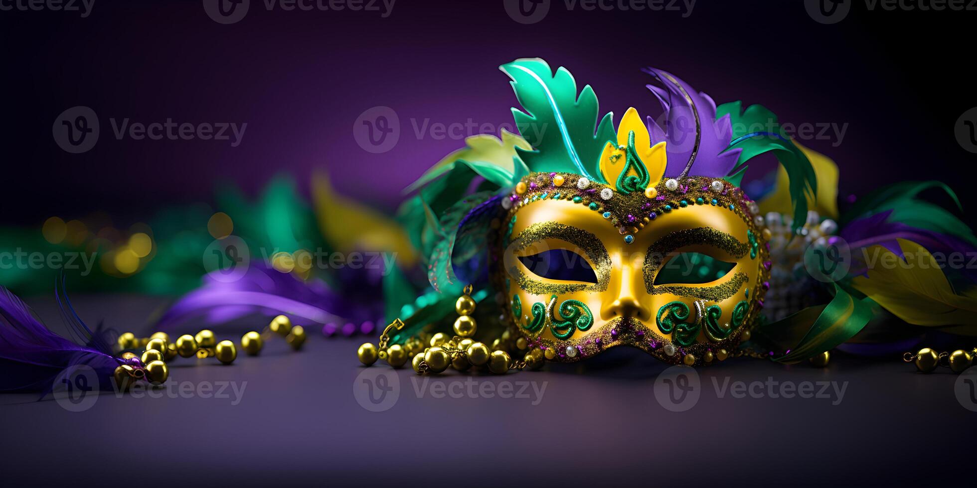 AI generated Colorful traditional mardi gras carnival mask with gold, green colors decoration for national festival celebration on purple background with copy space. photo