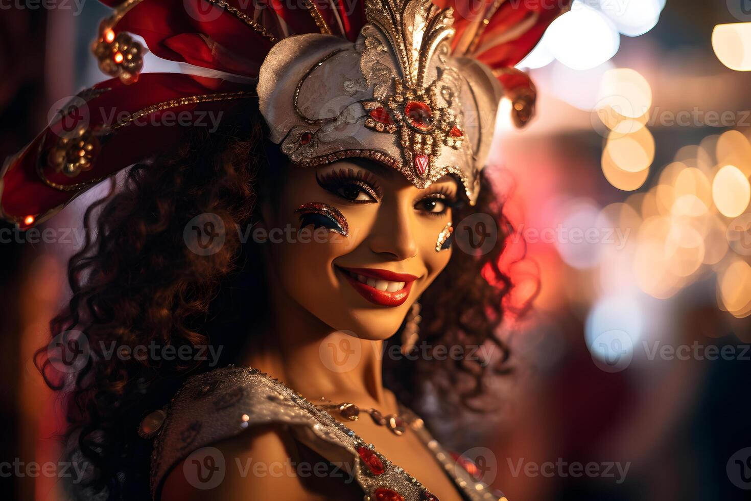 AI generated Beautiful closeup portrait of young woman in traditional Samba Dance outfit and makeup for the brazilian carnival. Rio De Janeiro festival in Brazil. photo