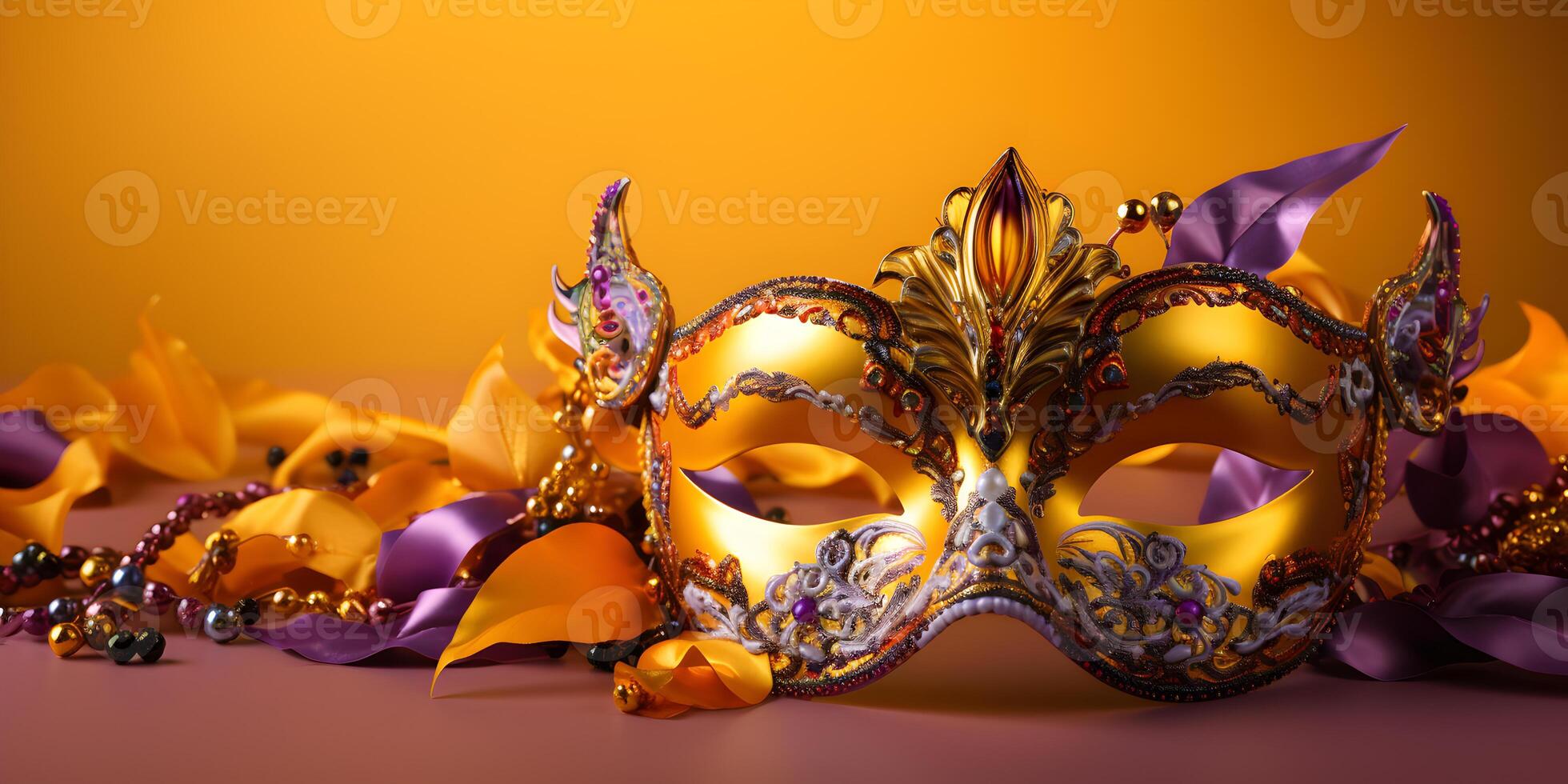 ai generado vistoso tradicional veneciano o mardi gras carnaval máscara con decoración para nacional festival celebracion en amarillo antecedentes con Copiar espacio. foto