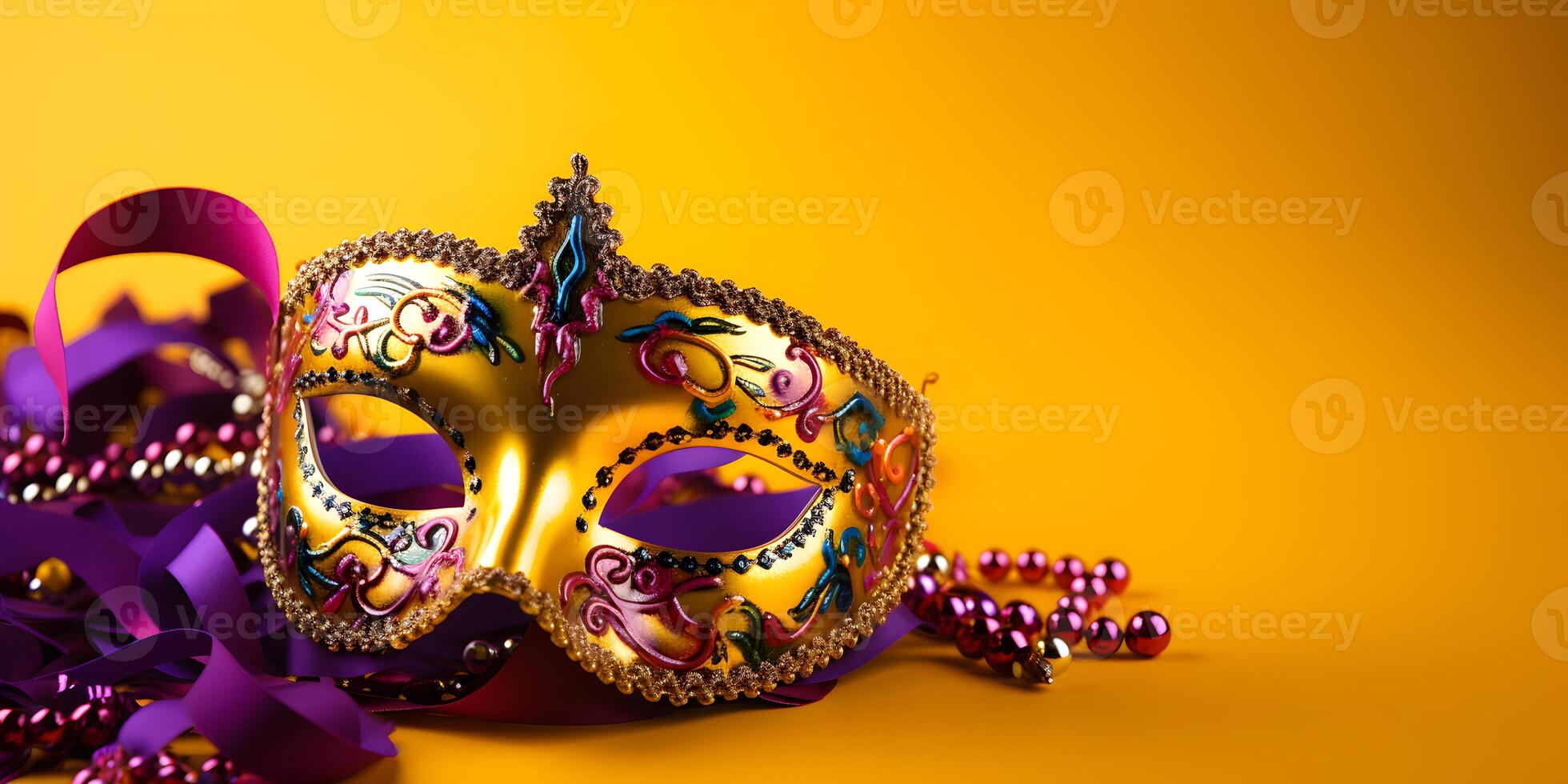 AI generated Colorful traditional venetian or mardi gras carnival mask with decoration for national festival celebration on yellow background. photo