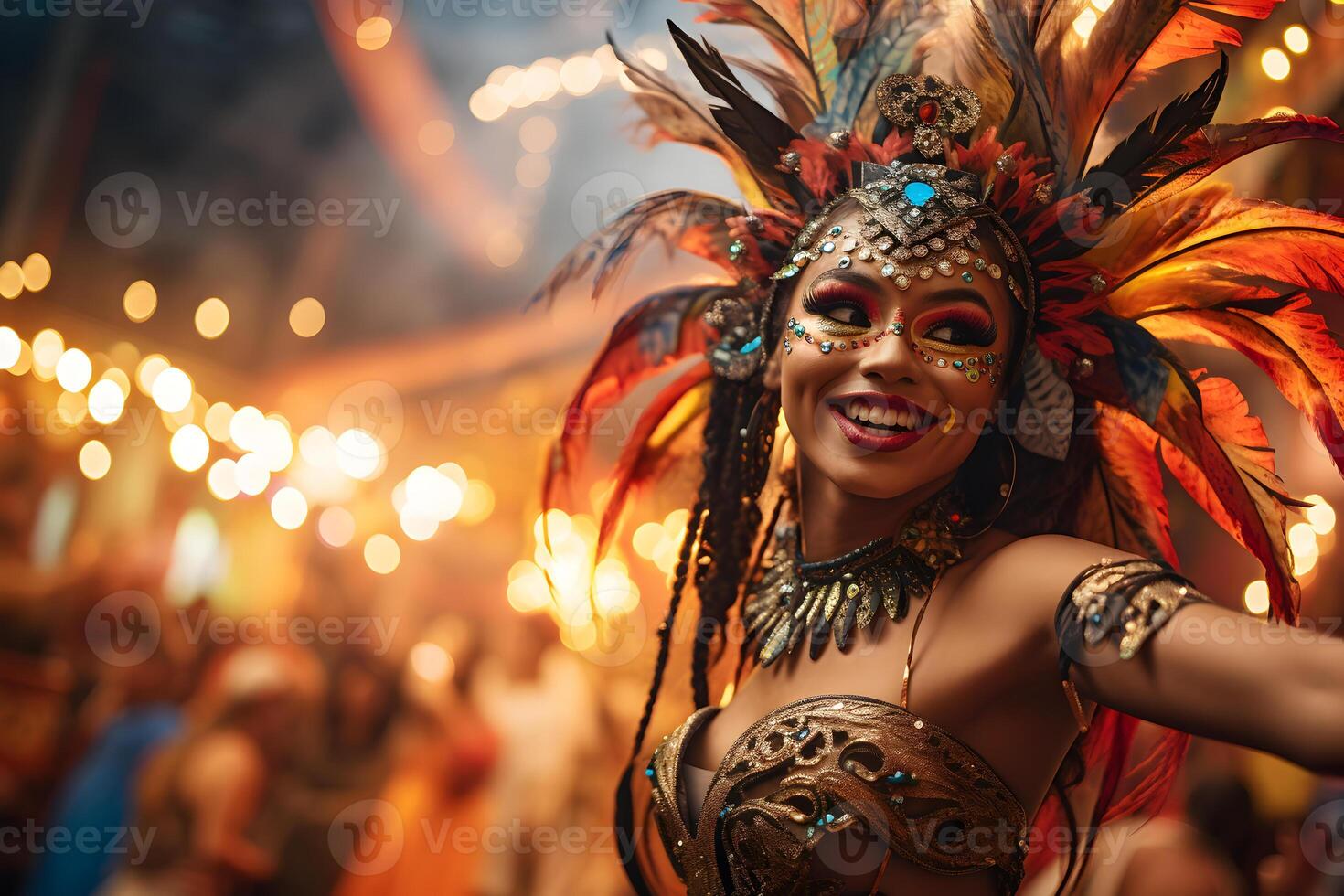 AI generated Beautiful closeup portrait of young woman in traditional Samba Dance outfit and makeup for the brazilian carnival. Rio De Janeiro festival in Brazil. photo