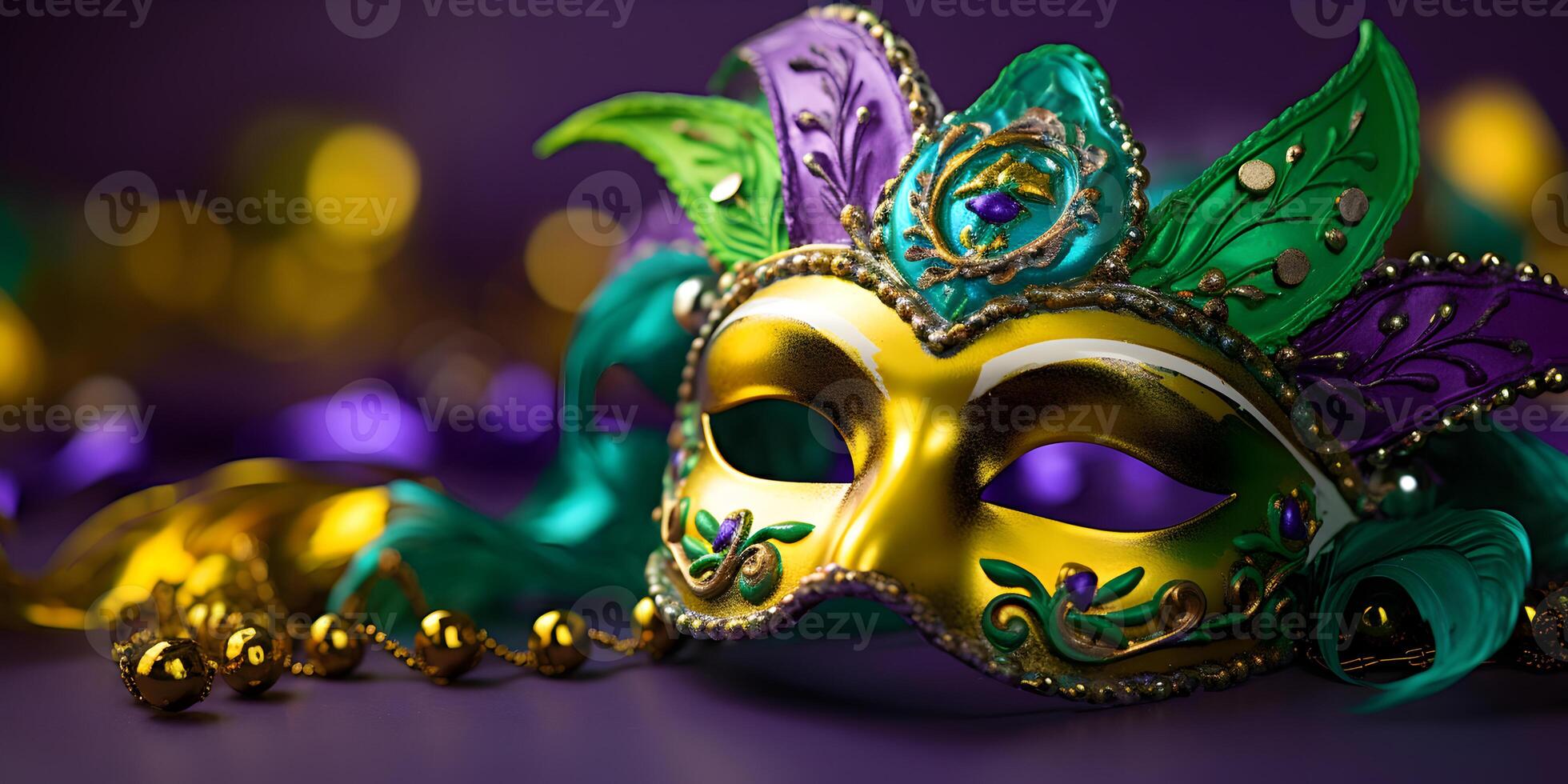 AI generated Colorful traditional mardi gras carnival mask with gold, green colors decoration for national festival celebration on purple background with copy space. photo