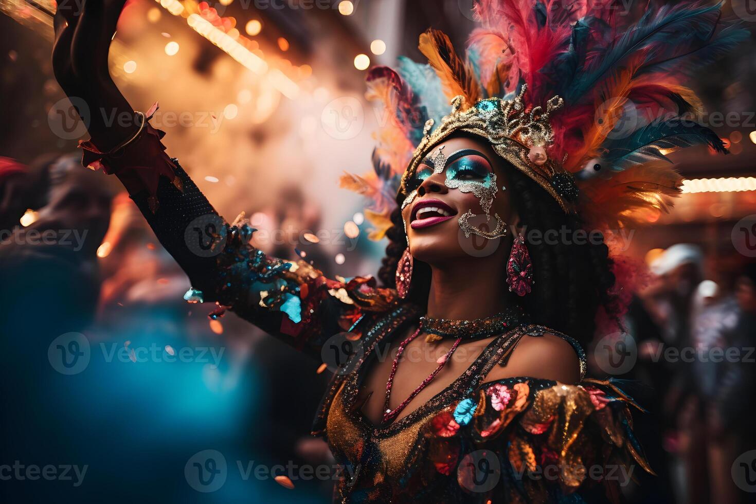 AI generated Beautiful closeup portrait of young woman in traditional Samba Dance outfit and makeup for the brazilian carnival. Rio De Janeiro festival in Brazil. photo