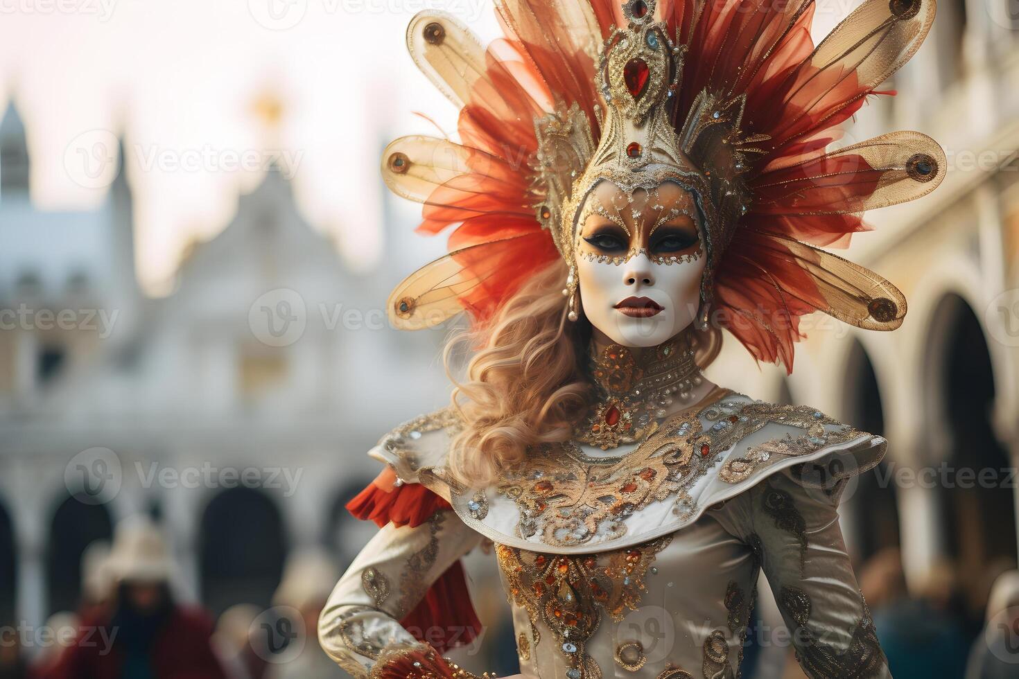 ai generado hermosa de cerca retrato de joven mujer en tradicional veneciano carnaval máscara y traje, a el nacional Venecia festival en Italia. foto