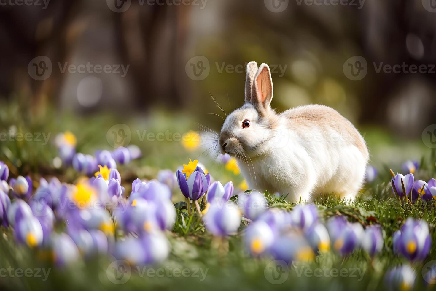 AI generated Cute bunny sitting on green field, spring meadow with crocus flowers, nature background. Easter concept with rabbit. AI generated. photo