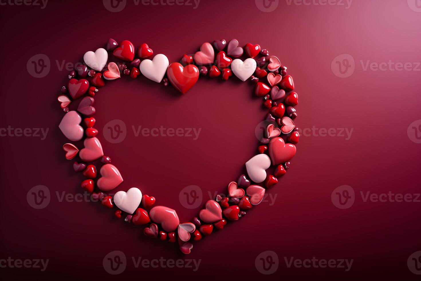 AI generated Red hearts shape decoration on red background. Valentines, mothers, womens day, wedding or birthday flat lay banner concept. Top view with copy space. photo