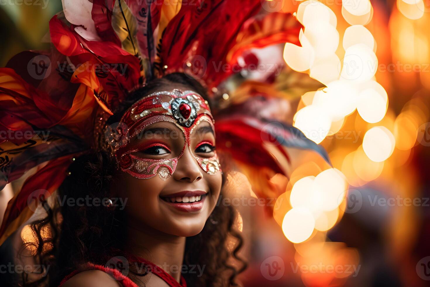 AI generated Beautiful closeup portrait of girl in traditional Samba Dance outfit and makeup for the brazilian carnival. Rio De Janeiro festival in Brazil. photo