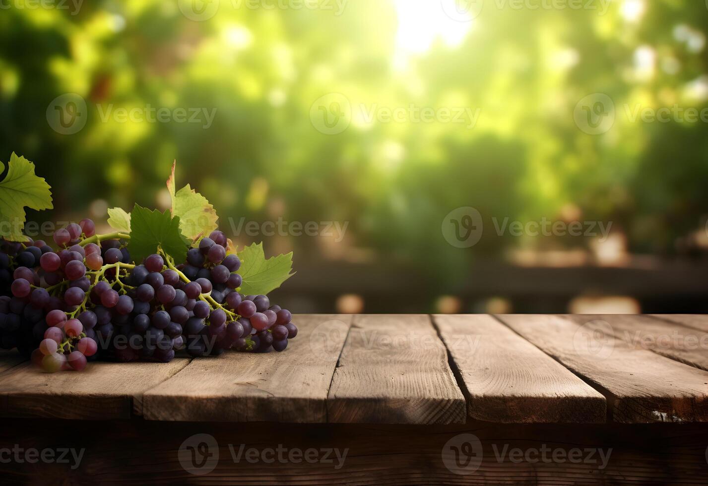 AI generated Wooden table with fresh red grapes and free space on nature blurred background, vineyard field. Generated AI. photo